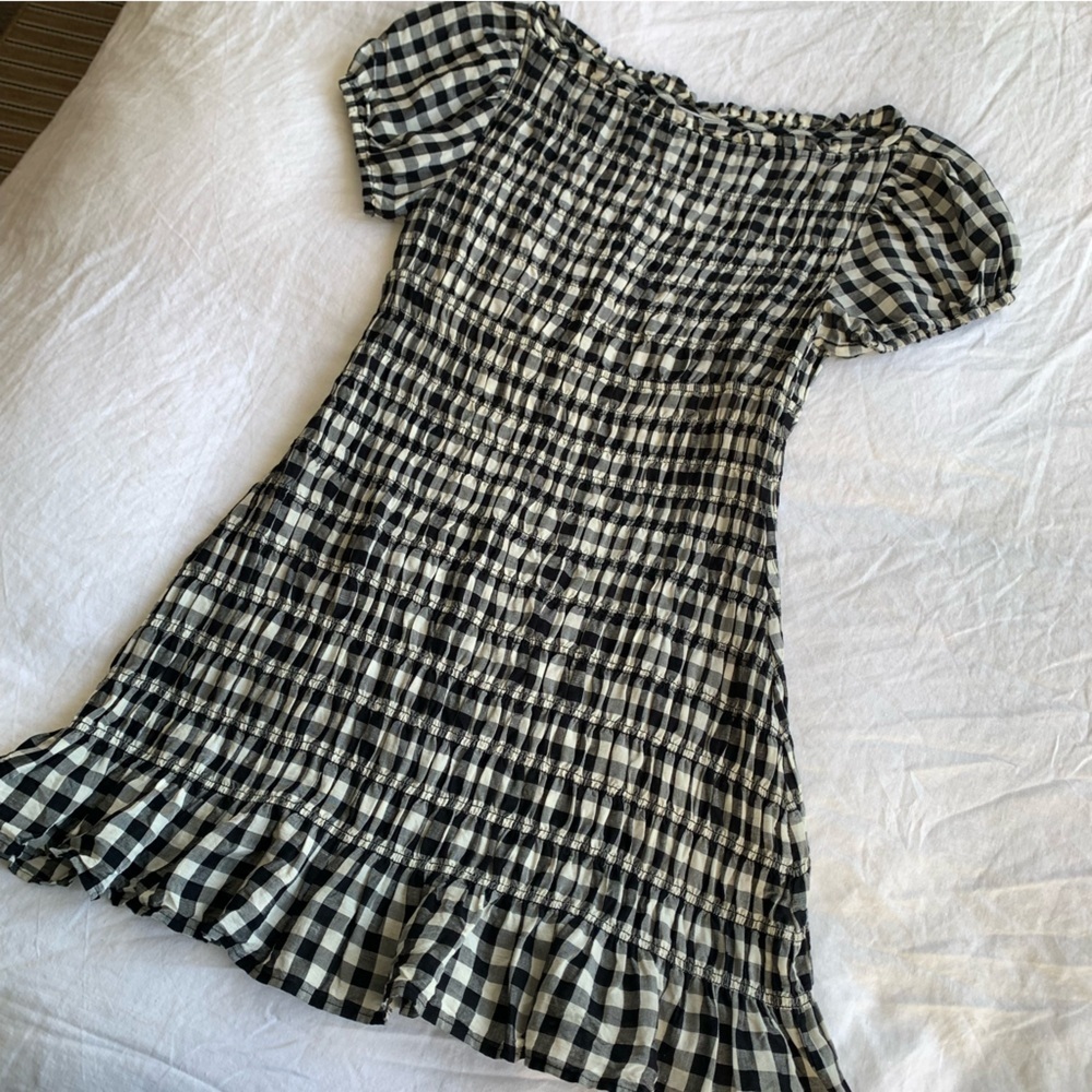 Doen Rizzo Linen Smocked Boat Neck Short Puff Sleeve Mini Dress Marilyn Gingham - Picture 9 of 15
